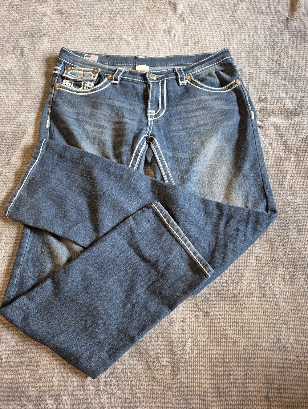 True Religion Joey Super T Low Rise Boot Cut 31 Dark Wash Thick Stitch Cotton